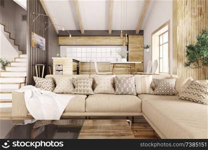 Modern interior of house, kitchen, living room with sofa, staircase 3d rendering