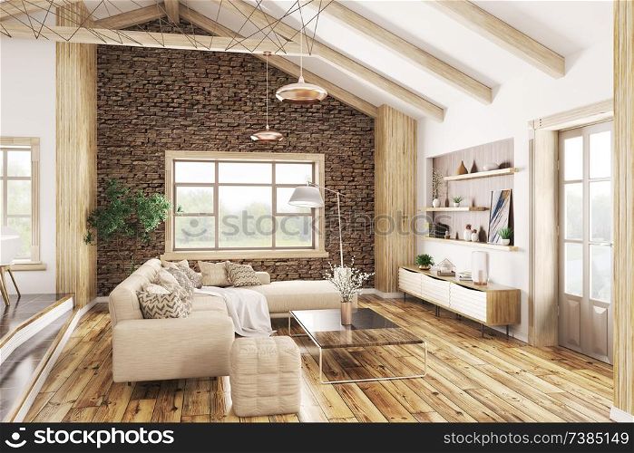 Modern interior of house, living room with beige sofa 3d rendering