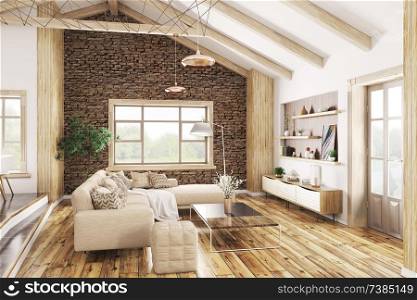 Modern interior of house, living room with beige sofa 3d rendering