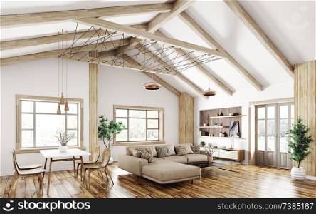 Modern interior of house, living room with sofa, 3d rendering