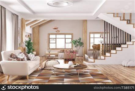 Modern interior of house, living room with sofa,kitchen staircase 3d rendering
