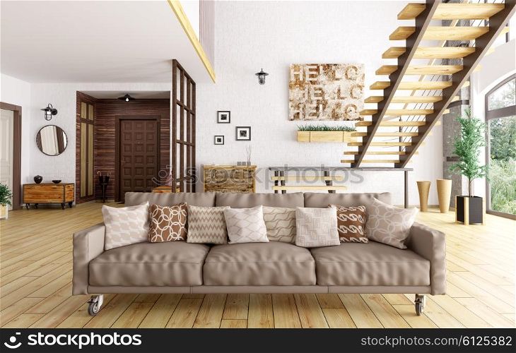 Modern interior of living room and hall, staircase, sofa with cushions 3d rendering