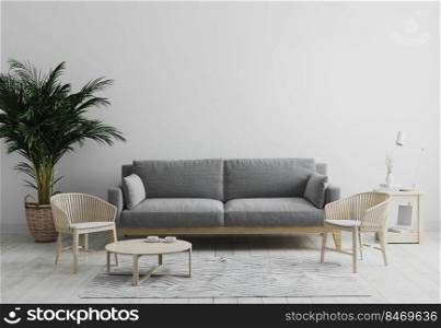 Modern interior of living room mock up in gray tones with gray sofa and wooden armchair, palm tree and coffee table, living room interior background, scandinavian style, living room mockup, 3d render
