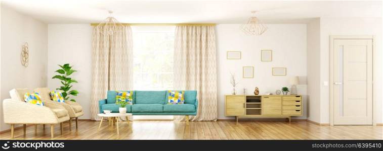 Modern interior of living room, scandinavian style, panorama 3d rendering