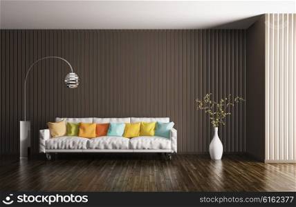 Modern interior of living room, sofa, cushions, floor lamp, plant, 3d rendering