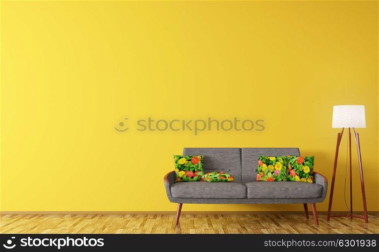 Modern interior of living room,sofa with flower pattern cushions, floor lamp over orange wall 3d rendering