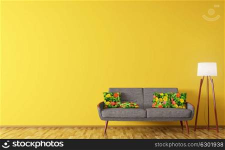 Modern interior of living room,sofa with flower pattern cushions, floor lamp over orange wall 3d rendering