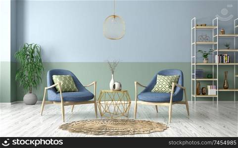 Modern interior of living room with armchairs, coffee table 3d rendering