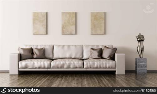 Modern interior of living room with beige leather sofa and statue 3d rendering