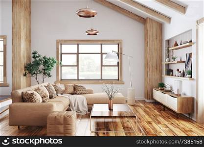Modern interior of living room with beige sofa 3d rendering