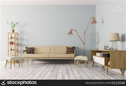 Modern interior of living room with beige sofa, dresser, lamp and shelf 3d rendering