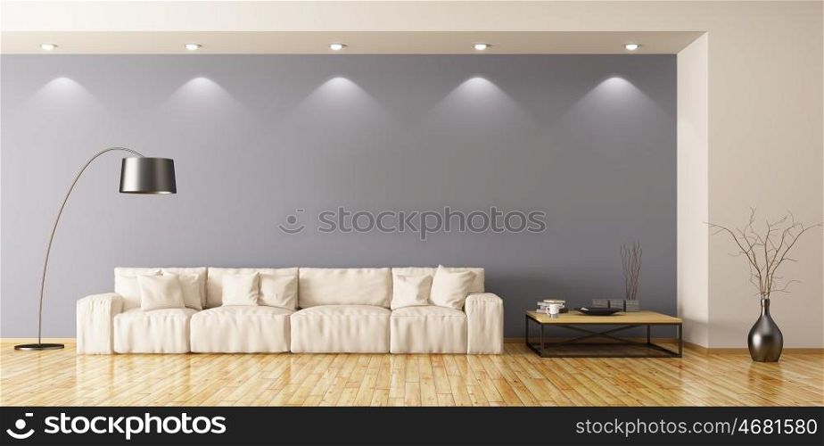 Modern interior of living room with beige sofa, floor lamp and coffee table 3d rendering