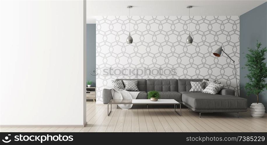 Modern interior of living room with black corner sofa and lamps over patterned wall and empty wall as copy space 3d rendering