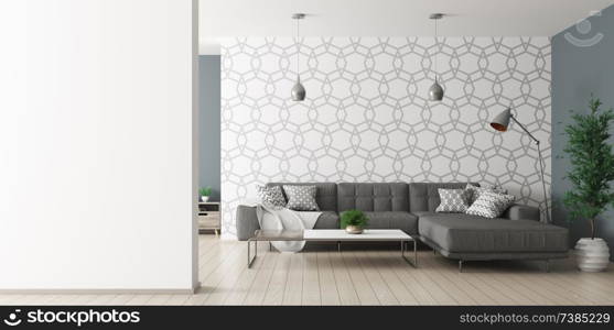 Modern interior of living room with black corner sofa and lamps over patterned wall and empty wall as copy space 3d rendering