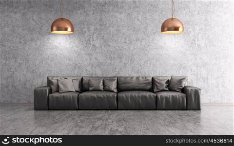 Modern interior of living room with black leather sofa and lamps against of concrete wall on cement floor 3d rendering