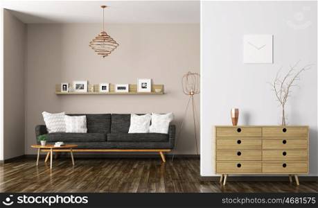 Modern interior of living room with black sofa and chest of drawers 3d rendering