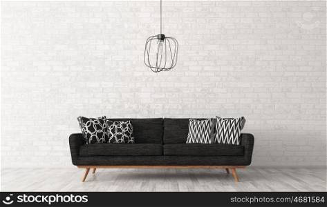 Modern interior of living room with black sofa and lamp against of white brick wall 3d rendering
