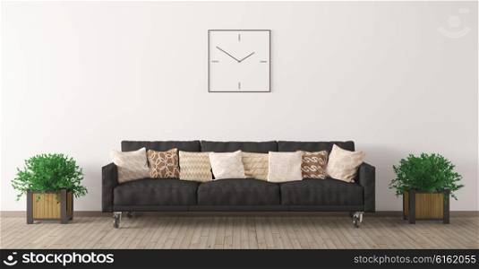 Modern interior of living room with black sofa, clock and plants 3d render