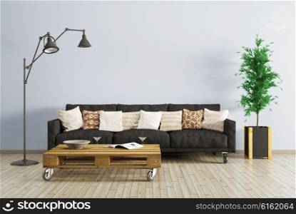 Modern interior of living room with black sofa, floor lamp and coffee table 3d render