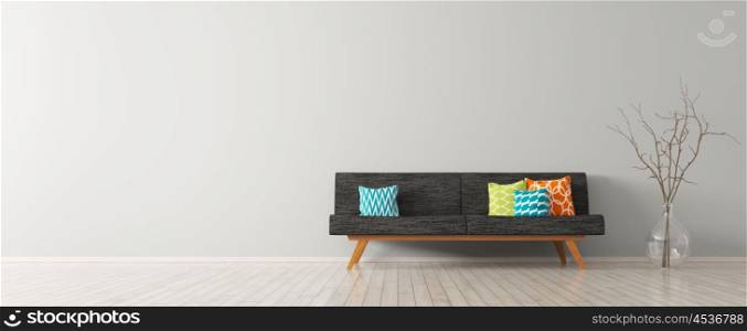 Modern interior of living room with black sofa, vibrant cushions and vase with branch 3d rendering