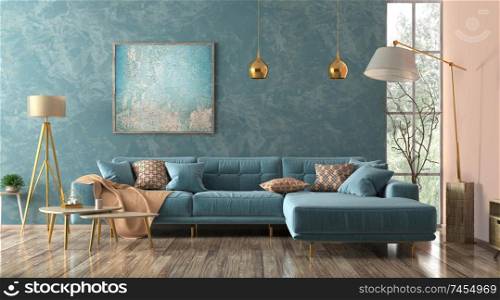 Modern interior of living room with blue corner sofa, coffee tables, floor lamp 3d rendering