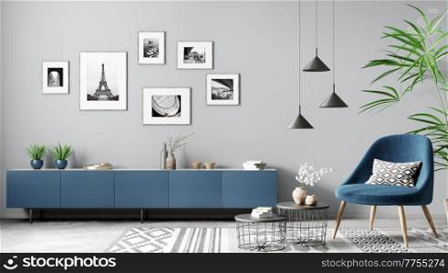 Modern interior of living room with blue sideboard and armchair home design 3d rendering