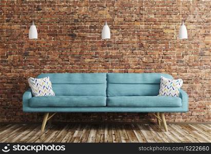 Modern interior of living room with blue sofa and lamps over brick wall 3d rendering