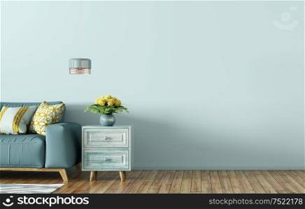 Modern interior of living room with blue sofa, chest and light 3d rendering