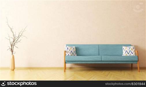 Modern interior of living room with blue sofa, vase with branch 3d rendering