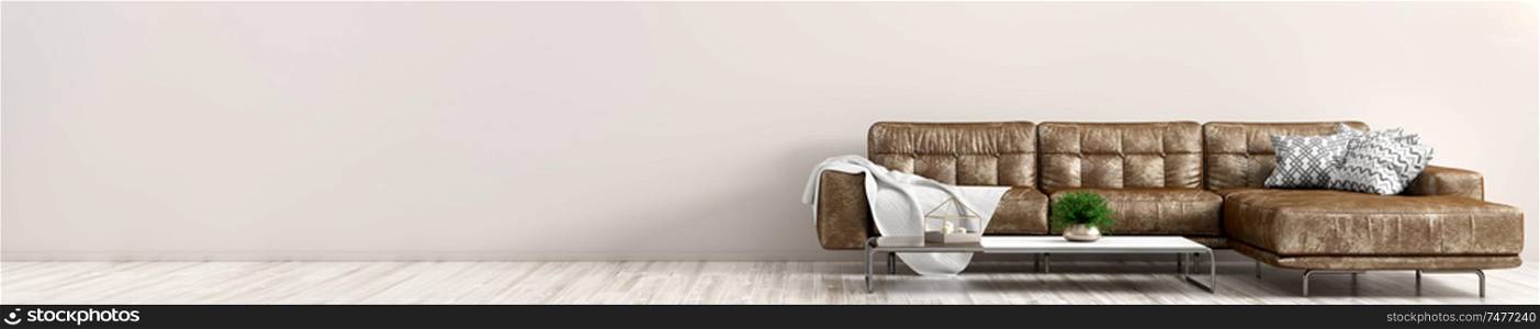 Modern interior of living room with brown leather sofa against beige wall with copy space panorama 3d rendering