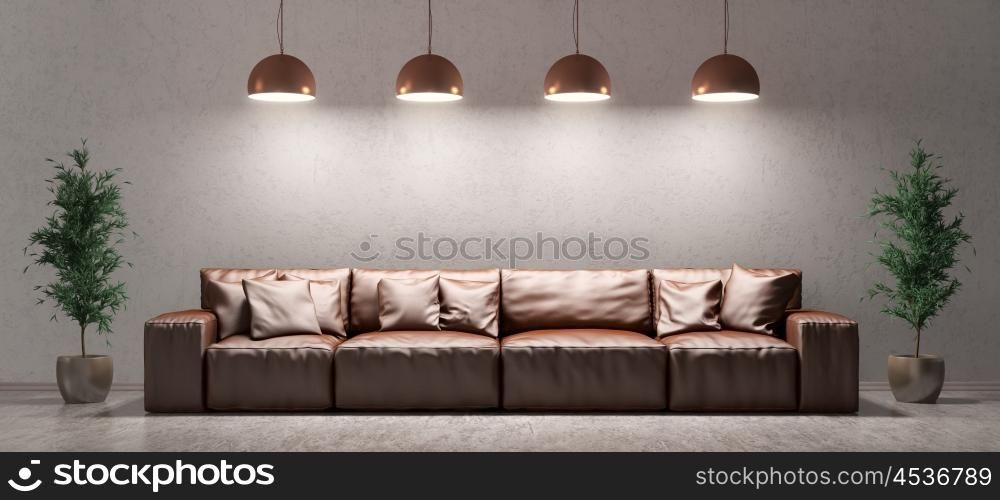 Modern interior of living room with brown leather sofa and lamps against of concrete wall on cement floor 3d rendering