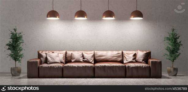 Modern interior of living room with brown leather sofa and lamps against of concrete wall on cement floor 3d rendering