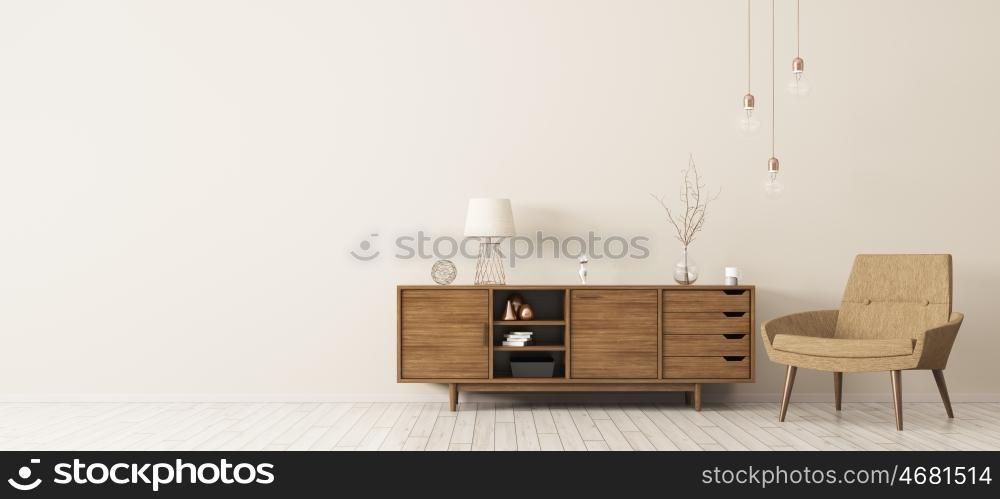 Modern interior of living room with brown wooden cabinet and armchair panorama 3d rendering