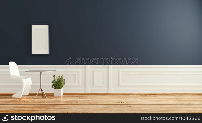 Modern interior of living room with chair on wooden flooring and dark blue wall .empty room. 3d rendering