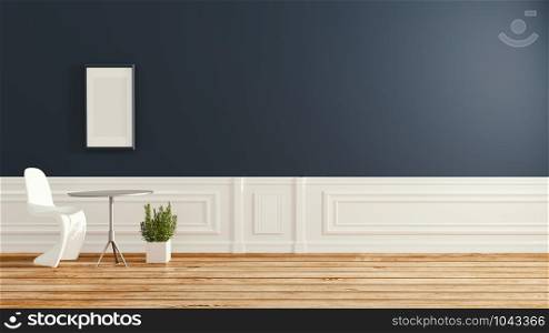 Modern interior of living room with chair on wooden flooring and dark blue wall .empty room. 3d rendering