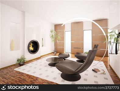 Modern interior of living room with fireplace 3d render