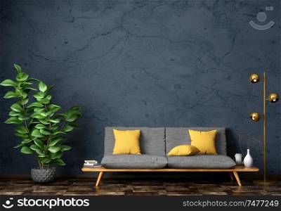 Modern interior of living room with gray sofa, home plant and floor lamp against blue stucco wall 3d rendering