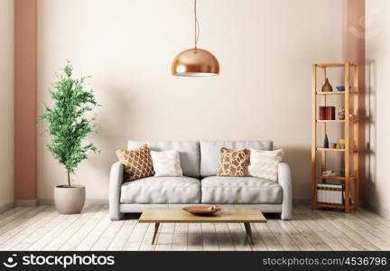 Modern interior of living room with gray sofa, lamp,shelf,coffee table 3d rendering