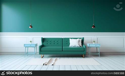 Modern interior of living room with green armchairs on white flooring and dark green wall ,3d rendering
