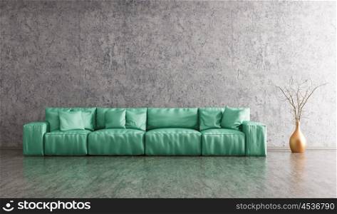 Modern interior of living room with green sofa and vase against of concrete wall 3d rendering