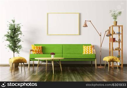 Modern interior of living room with green sofa, coffee table, plant and shelf 3d rendering