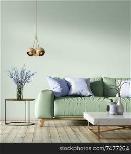 Modern interior of living room with green sofa, coffee tables and lamp 3d rendering