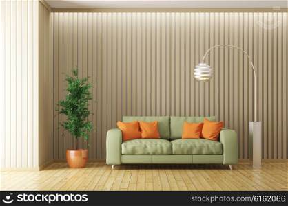 Modern interior of living room with green sofa,orange cushions, floor lamp and plant 3d render