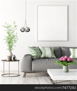 Modern interior of living room with grey sofa, coffee table and mock up poster on the wall 3d rendering