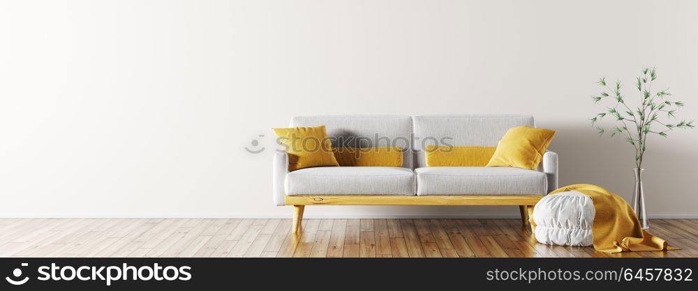 Modern interior of living room with grey sofa, ottoman and vase with branch 3d rendering