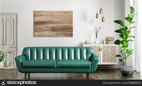 Modern interior of living room with leather sofa, door and cabinet, home design 3d rendering