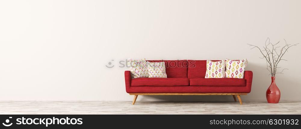 Modern interior of living room with red sofa, white cushions and vase with branch panorama 3d rendering