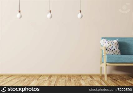 Modern interior of living room with sofa and lamps over beige wall 3d rendering