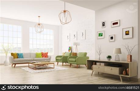 Modern interior of living room with sofa, armchairs, scandinavian style 3d rendering