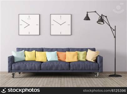 Modern interior of living room with sofa, multicolored cushions and floor lamp 3d render